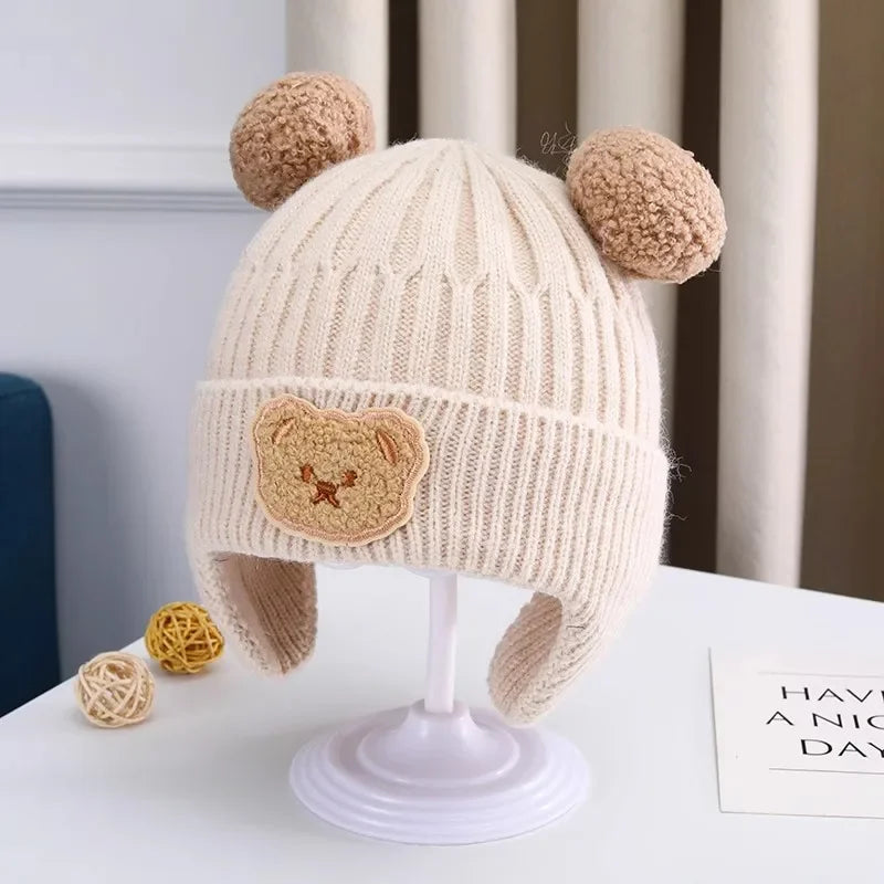 Baby wool hat with cute bear and ear protection for winter
