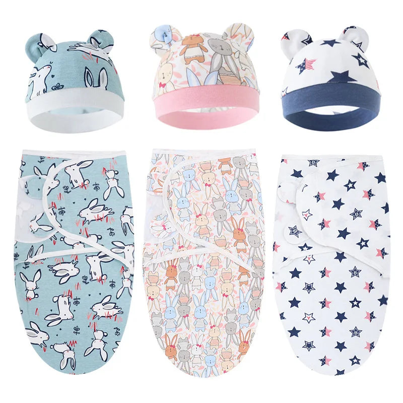Newborn Baby Blanket Hat Set Cartoon Printed