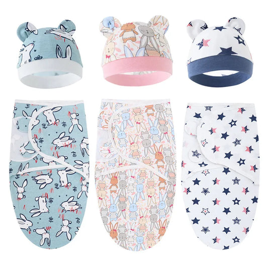 Newborn Baby Blanket Hat Set Cartoon Printed